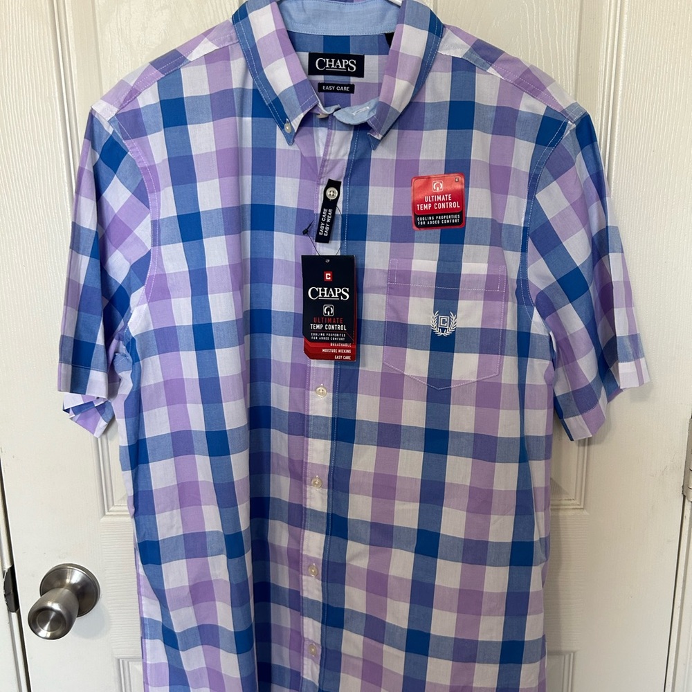 Chaps Men's Blue and Lavender Checkered Shirt